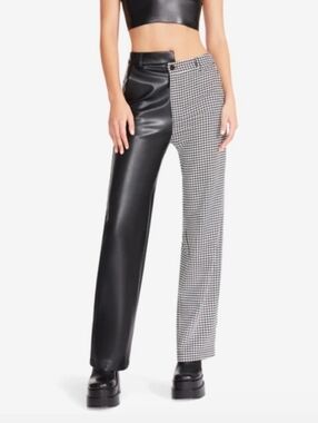 Steve Madden Split Fabric Pants 27 Faux Leather Houndstooth Black White Edgy